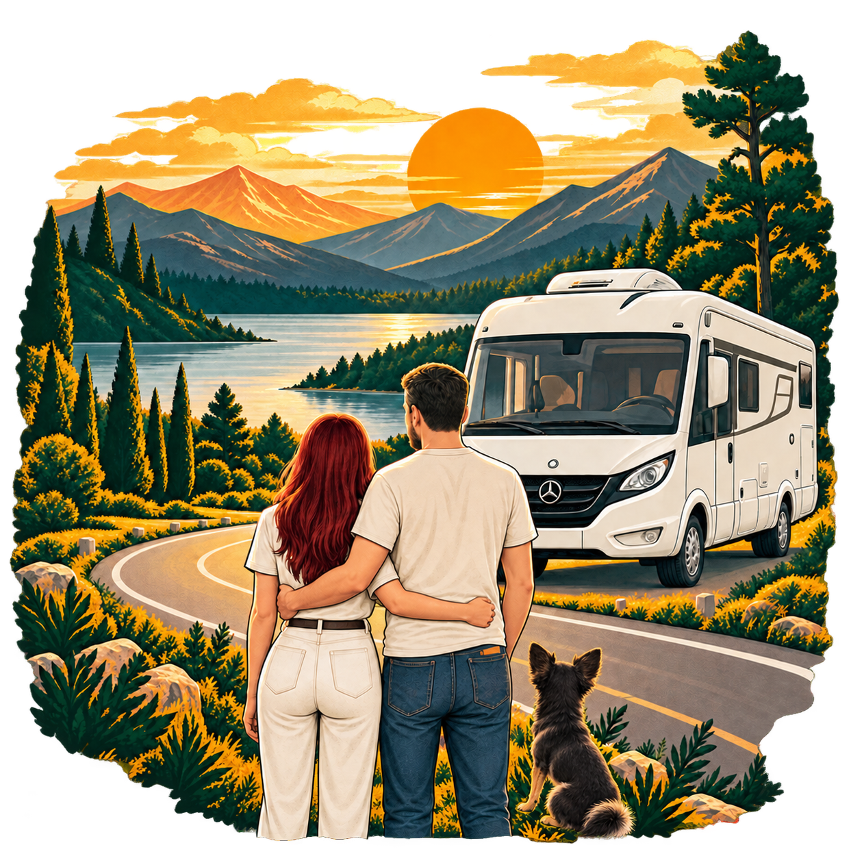 A couple and their dog Luna looking toward a European road, mountains and a motorhome